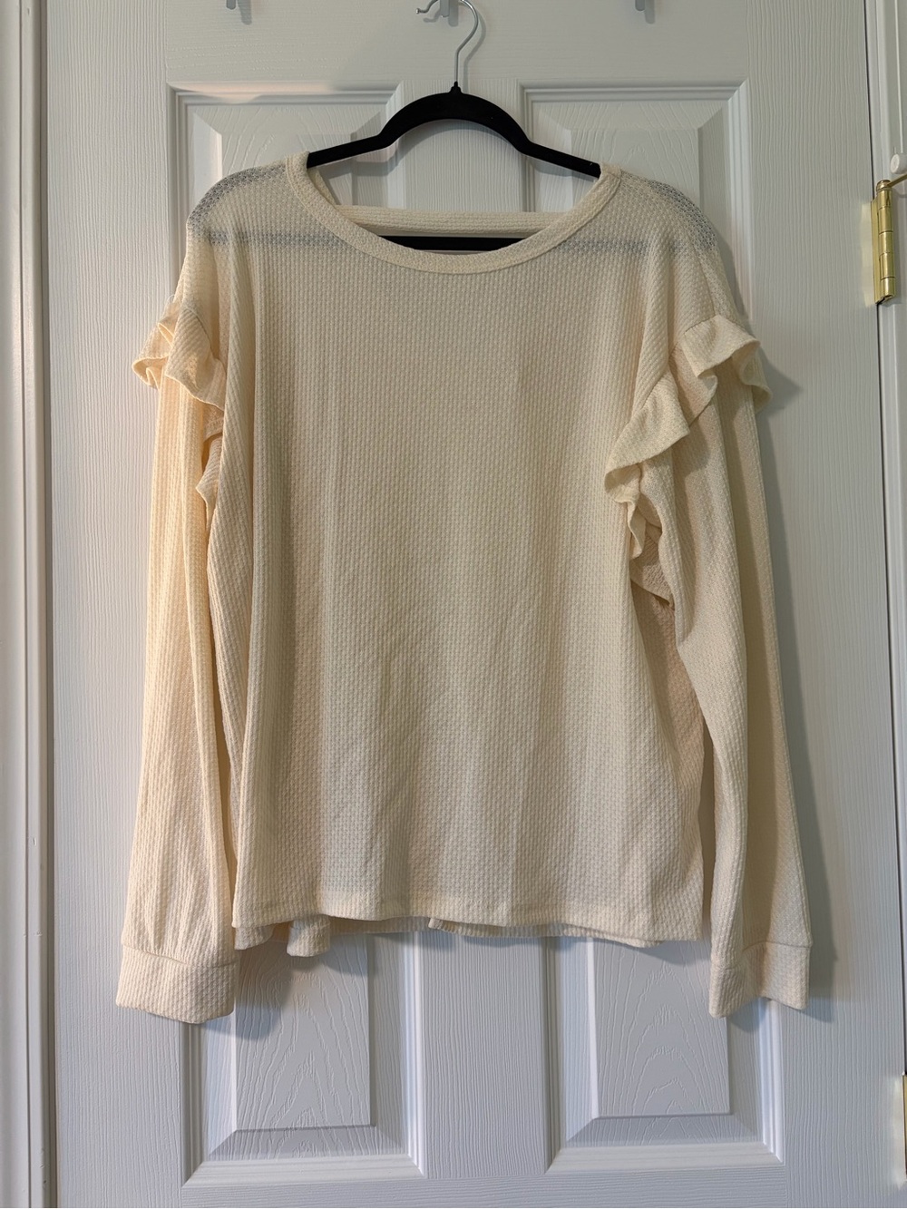 Cream Ruffle-Trim Long Sleeve Top